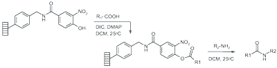 Solid bound chloronicotinyl active-ester on o-Nitrophenol (ONP) Lanterns reacts with furfurylamine